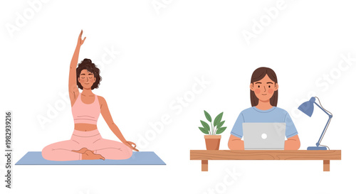 Woman meditating peacefully on yoga mat and woman working on laptop at desk