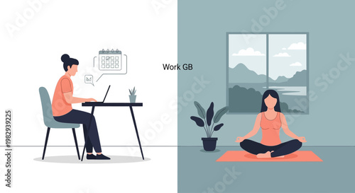 Woman working at desk and meditating by window, work-life balance concept