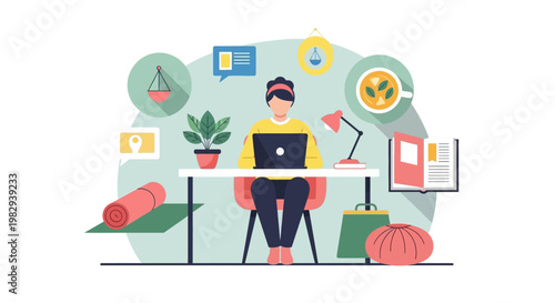 Woman working from home, balance between work and wellness, home office setup
