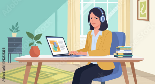 Woman working from home wearing headphones, typing on laptop at desk with books and plant
