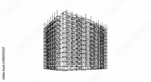 Wireframe 3D sketch of a modern block building with many small windows