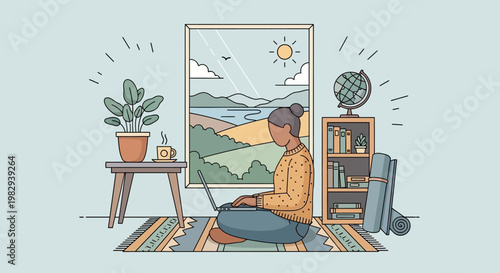 Woman working on laptop at home with scenic view of nature landscape through window