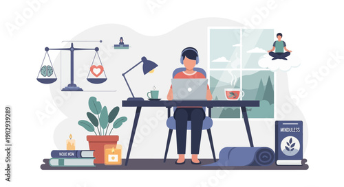 Work-life balance concept: person meditating at desk, scales of justice and heart, healthy lifestyle