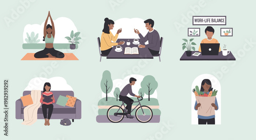 Work-life balance: yoga, meeting, remote work, reading, cycling, groceries