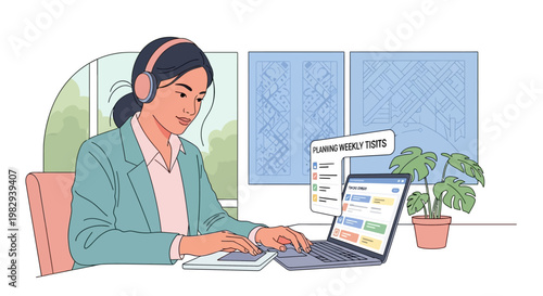 Young woman working remotely with laptop and headphones, focused on tasks