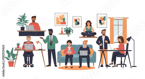 Diverse team working remotely in a modern co-working space, collaboration and productivity