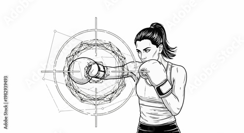 Woman boxer in focused stance, punching target with geometric overlay