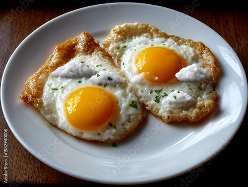 Fried eggs with clouds recreating a surreal breakfast scene