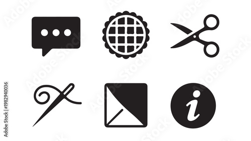Minimal UI and Craft Icons Set – Chat Bubble, Globe, Scissors, Needle, Crop Tool, Info Symbol Modern and versatile icon set featuring six essential symbols: speech bubble, globe, scissors, sewing need