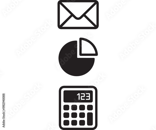 Minimal Black Business Icons Set Clean and modern vector-style illustration featuring three essential business and finance icons: an email envelope, a pie chart, and a calculator. Designed in bold bla