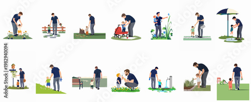 Set of 14 flat vector illustrations of a father and his young son enjoying diverse outdoor activities and nature together in a park.
