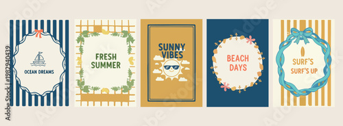 sunny vibes summer posters with sun, minimalist beach life and vacation design, aesthetic colorful seasonal wall art, modern simple travel and sun illustration, professional graphic design for social 