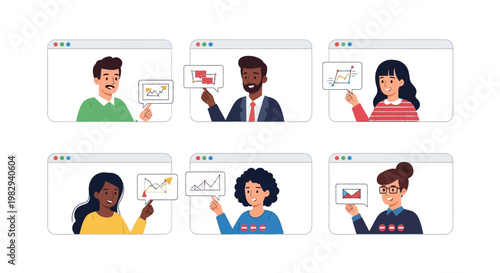 Diverse group of people participating in virtual video conference call.