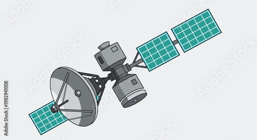 A complex satellite orbits with a large circular dish antenna and expansive rectangular solar panels in a vast, cold, and dark outer space exploration setting.