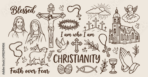 christianity religious hand drawn pattern with cross and jesus, vintage doodle spiritual illustration, minimalist line art faith background, aesthetic biblical symbols textile design, professional rel