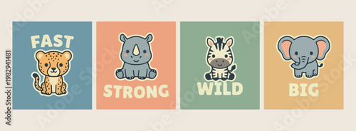Canvas Print rhino and zebra strong wild animals with strong and wild text, minimalist flat v