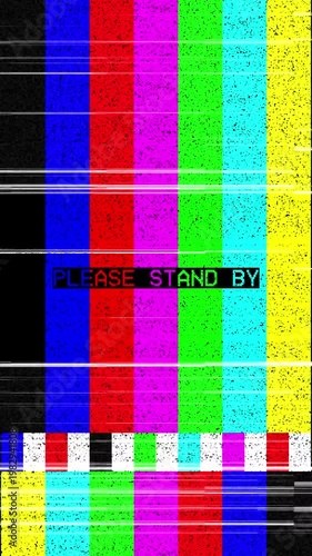 Vertical Please Stand By Glitch Screen with No Signal Broadcast, Static Noise, and Analog Distortion
