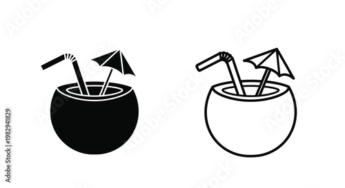 Two black and white illustrations of coconut drinks with straws and umbrellas