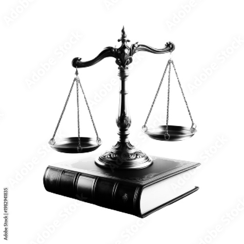 Justice scale on law book, legal concept illustration. Black vintage style vector of balance, fairness, court, legislation and judicial system symbol.