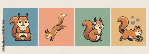 jumping squirrel forest character illustration, minimalist flat vector woodland wildlife design, aesthetic orange and green nature background, modern hand drawn doodle squirrel art, professional graph