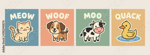 dog and cow farm animals with woof and moo text, minimalist flat vector pet and livestock design, aesthetic orange and green character art, modern hand drawn doodle animals, professional graphic desig