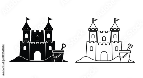 Simple black and white illustrations of a sandcastle with a bucket and shovel