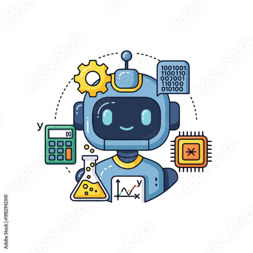 Robot Assistant with Gear, Calculator, and Lab Equipment