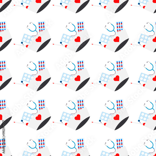 Seamless pattern of medical items including a stethoscope and medicine on a transparent background