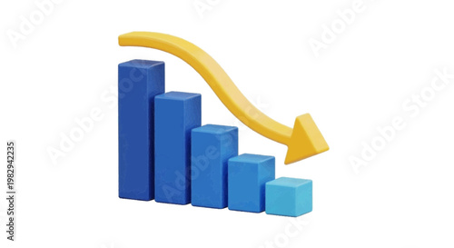 Vector illustration of 3d bar chart with a downward trend arrow on a transparent background