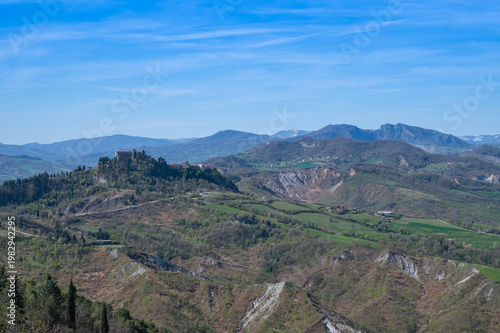Italy, 10 April 2026: Panoramic view of Val Marecchia with Marecchia River and medieval hilltop villages, Emilia Romagna Rimini landscape, scenic countryside valley view