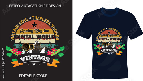 Retro Vintage Music and Nature T-shirt Design with Mountain and Flowers