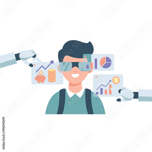 Young Man Wearing Vr Glasses with Financial Charts and Icons