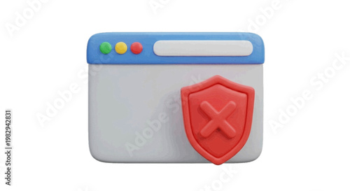 Vector illustration of 3d icon of a web browser window with a red shield and cross symbol on a transparent background