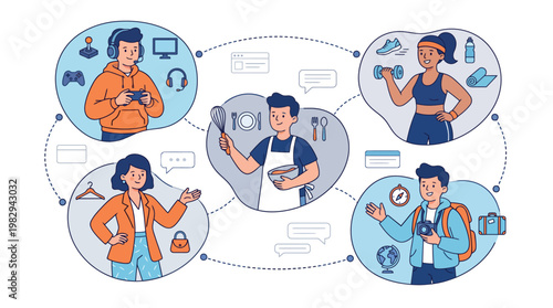 Design Vector Illustration group of young content creators making videos for social media