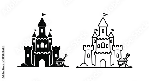 Two black and white illustrations of sandcastles with flags and beach tools