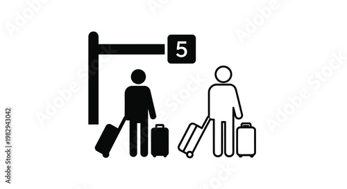 A simple black and white pictogram of people waiting at a numbered platform