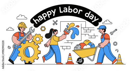Happy Labor Day illustration with workers teamwork building and painting construction scene