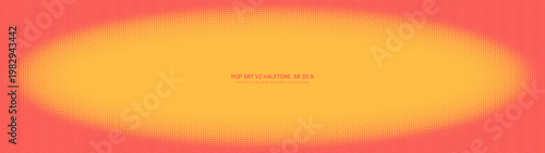 Wide panoramic vector abstract background in ultra wide 32:9 aspect ratio yellow red pop art halftone dots oval frame. Psychedelic ultrawide design for banners, posters, UI and widescreen layouts