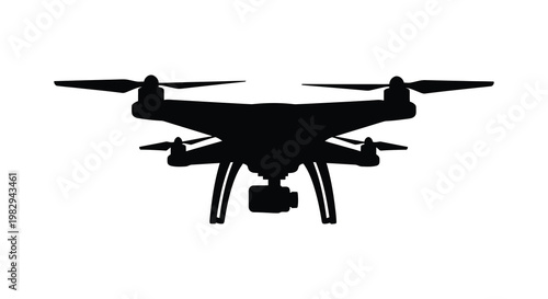 Black drone with four rotors and a camera shown as a silhouette