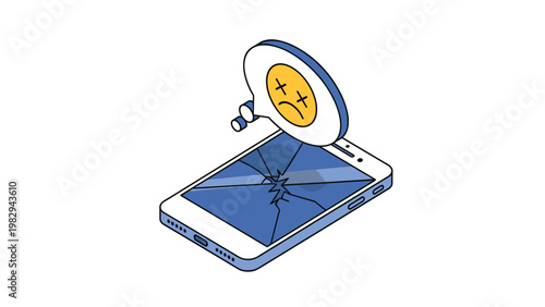 Isometric view of a smartphone with cracked blue screen and sad face emoji in thought bubble showing device failure.