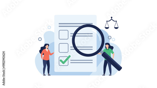 Two women investigating a legal document with magnifying glass in front of law scale symbol for a compliance audit.