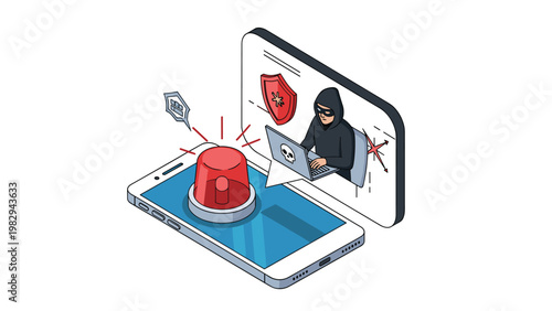 Red emergency siren on smartphone screen alerting user about hacker activity on a connected laptop screen with shield.