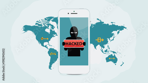 Smartphone screen showing masked hacker with hacked sign in front of a dark blue world map with data transfer arrows.