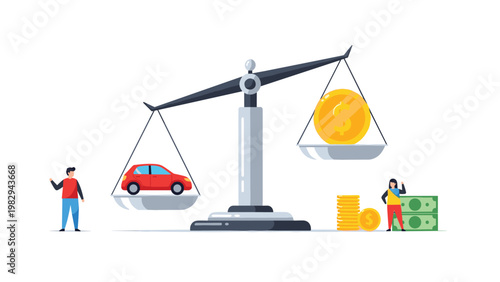 Car value and automotive finance comparison concept with red vehicle and gold coins balancing on justice scales for investment.