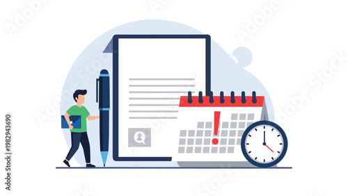 Time management and deadline schedule planning concept with man standing near large calendar and project documents for efficiency.