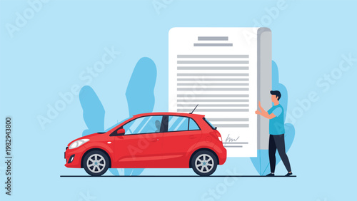 Man standing next to red car and large insurance document signing a contract for purchase or rental service agreement.