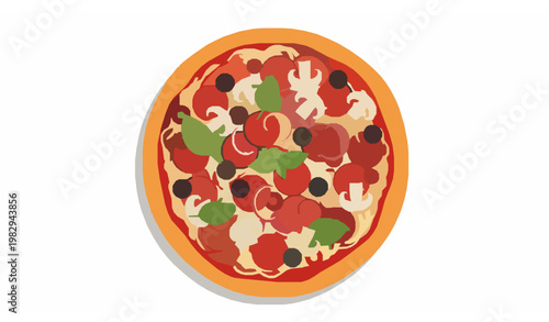 Pepperoni Pizza with Basil Mushrooms and Olives Flat Food Illustration for Menu Design