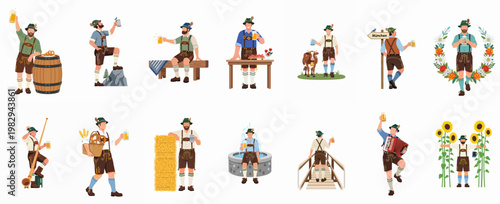 Photos Collection of Bavarian men in traditional lederhosen celebrating Oktoberfest with beer, pretzels, and instruments in various scenes, vector illustration set
