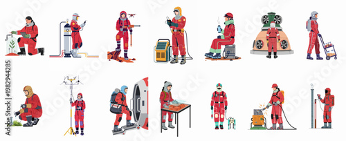 Bild auf Leinwand Illustrations of astronauts performing diverse scientific and technical tasks on a Mars colony base, showcasing future space exploration and settlement activities