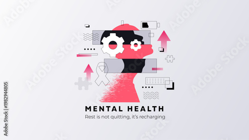 Support mental health with this conceptual "Rest is not quitting, it's recharging" graphic. Using gears and battery icons within a human profile, it illustrates the process of energy restoration